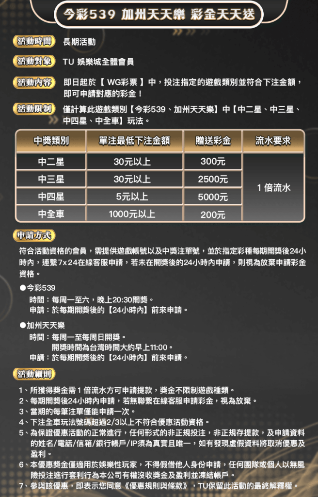 TU娛樂城｜539、加州天天樂，彩金天天送